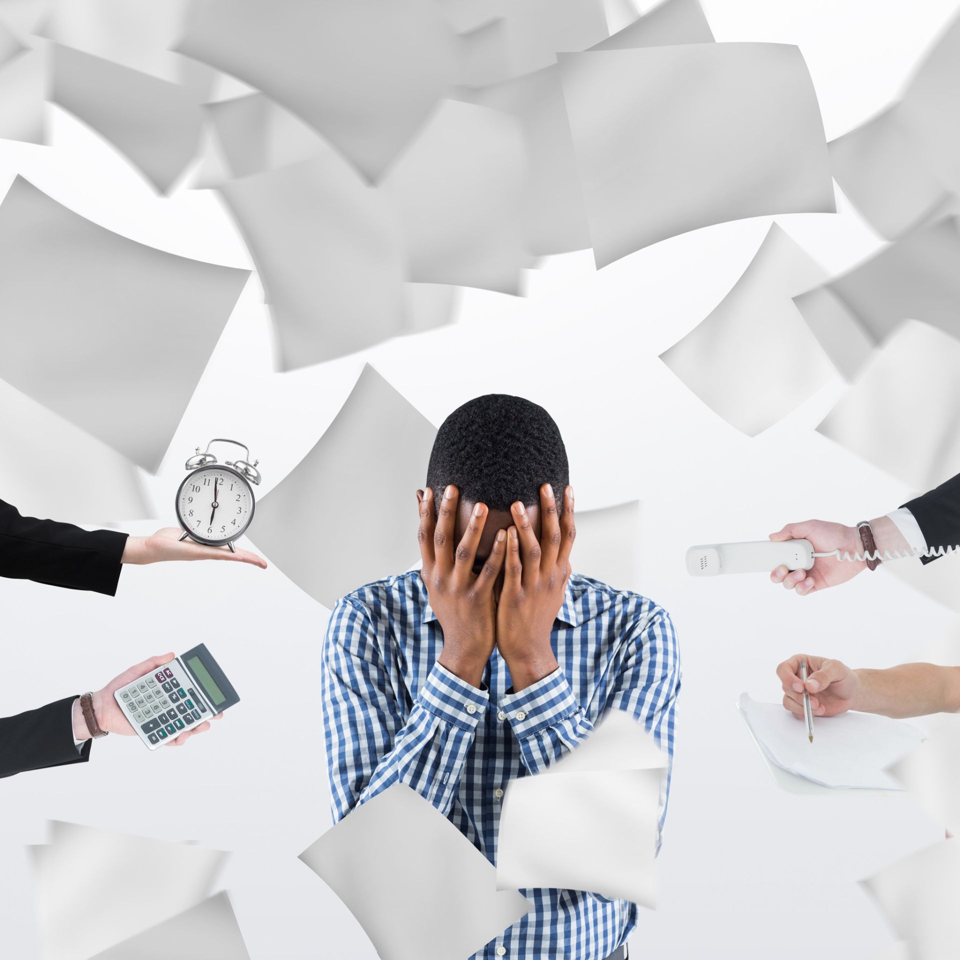 Overwhelmed professional with ADHD and chronic disorganisation surrounded by papers and clocks
