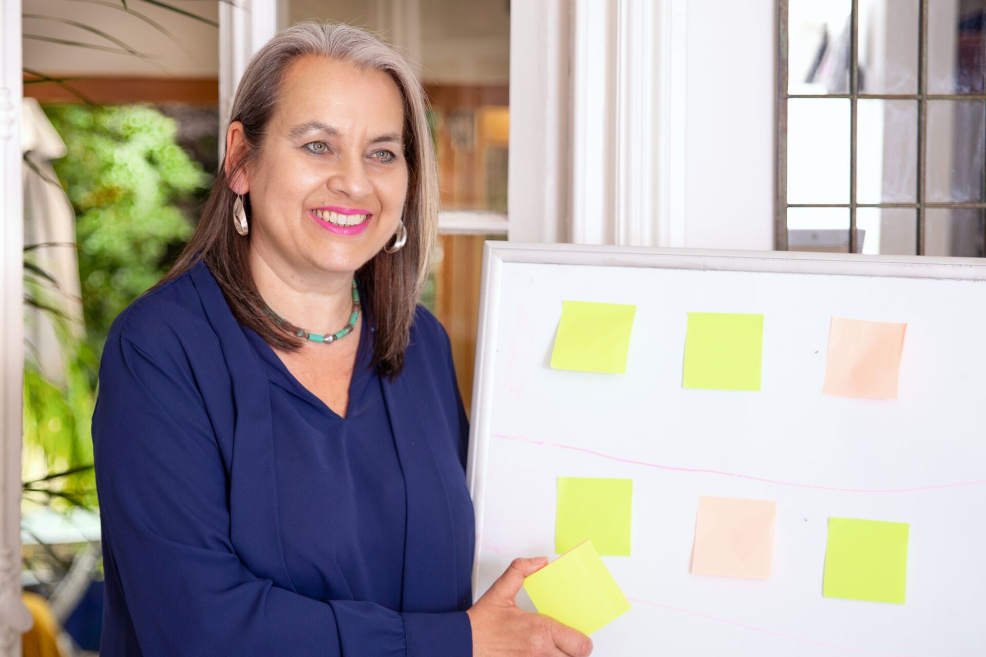 Juliet and post it organisation presentation Juliet Landau-Pope productivity coach uses sticky notes on a whiteboard while delivering a workshop